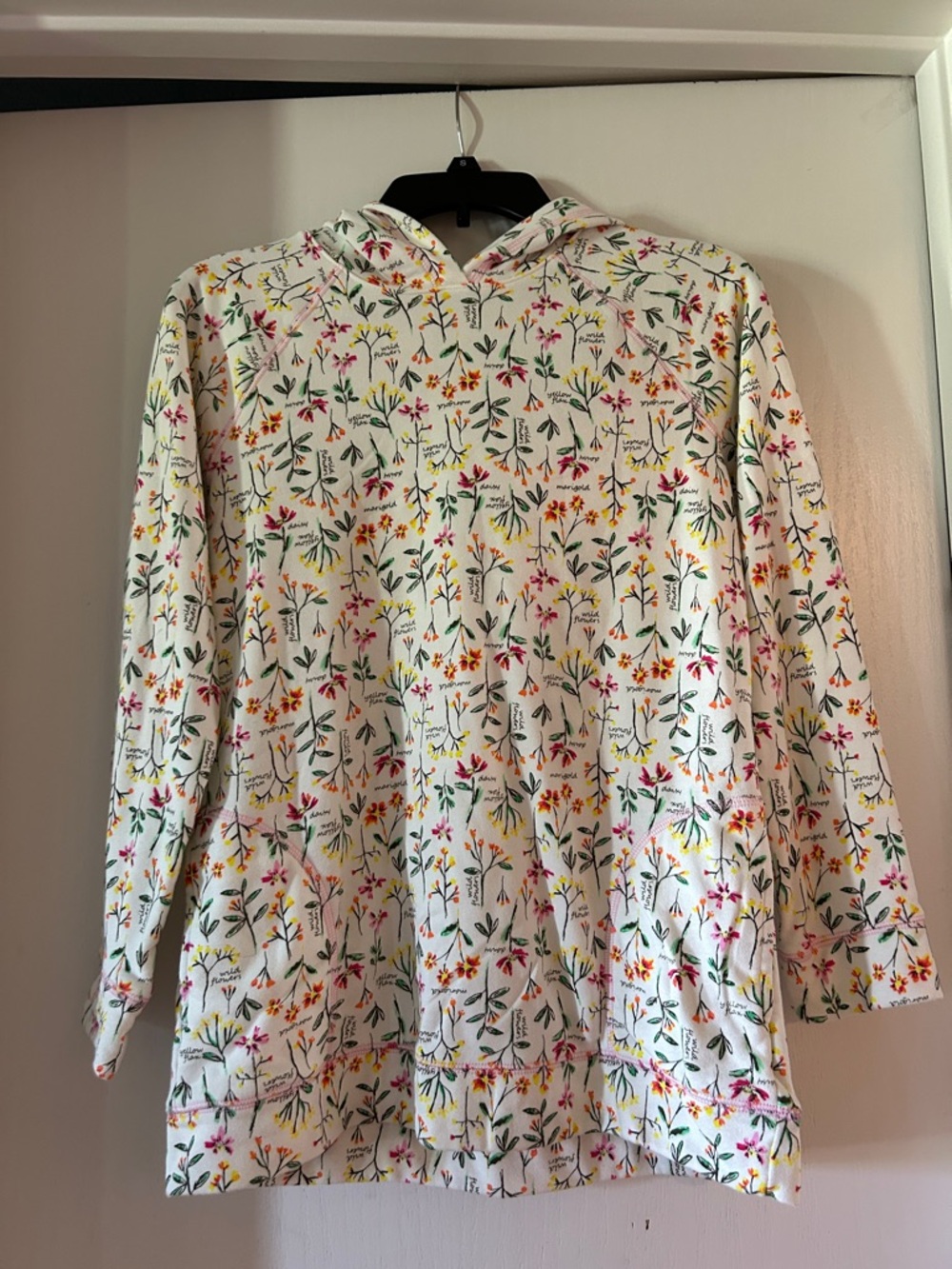 Lands' End White Hoodie with Pink Trim and Multicolor Floral Print
